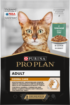 Влажный корм PRO PLAN® DERMA CARE для взрослых кошек для здоровья кожи и красоты шерсти, с треской в соусе, 85г